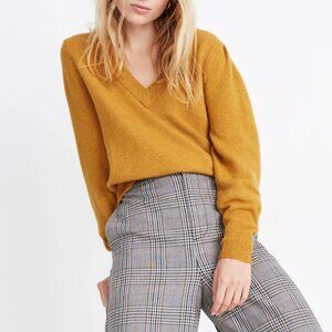 MADEWELL Westgate V-Neck Sweater Mustard Yellow Pleated Pleat Cropped Crop WOOL